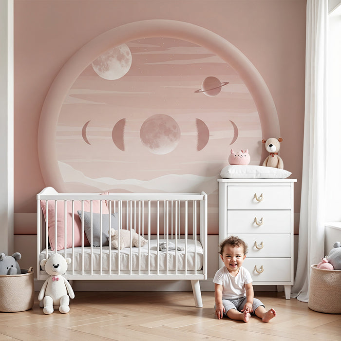 Papier peint chambre bébé | Univers céleste avec phases de lune et planètes