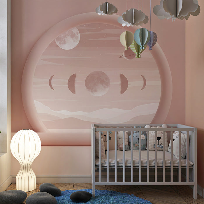 Papier peint chambre bébé | Univers céleste avec phases de lune et planètes