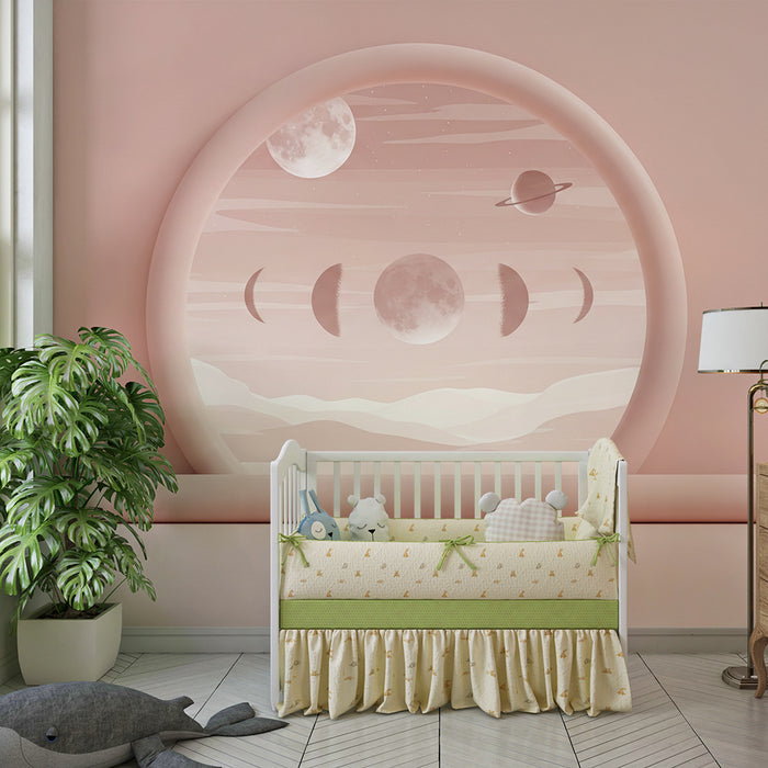 Papier peint chambre bébé | Univers céleste avec phases de lune et planètes