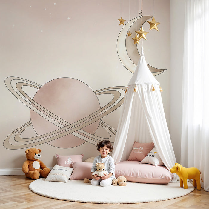 Papier peint chambre bébé | Univers céleste avec planète et lune douce