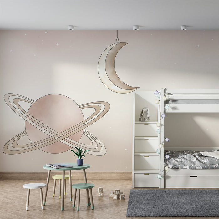 Papier peint chambre bébé | Univers céleste avec planète et lune douce