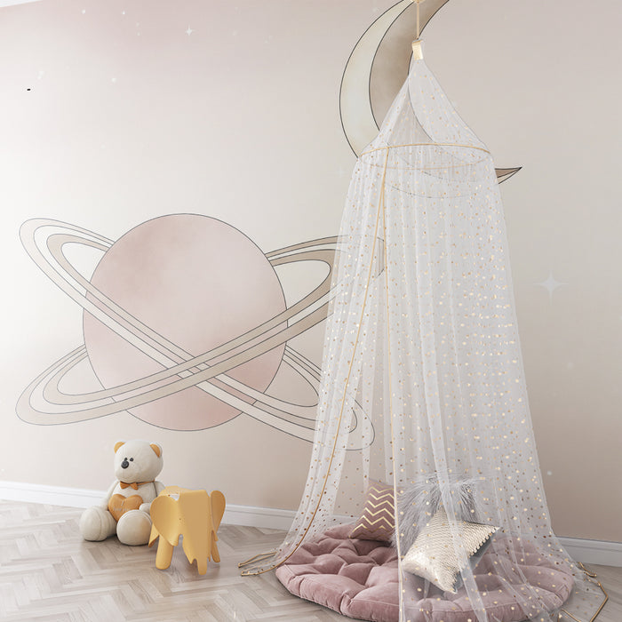Papier peint chambre bébé | Univers céleste avec planète et lune douce