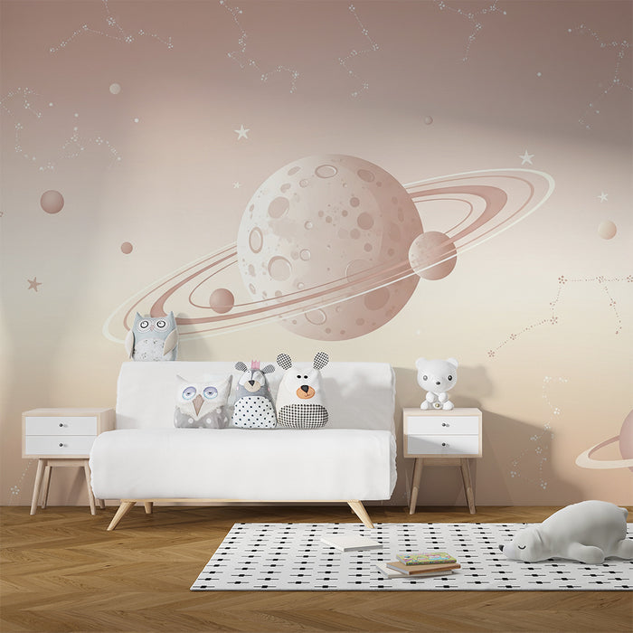Papier peint chambre bébé | Univers céleste avec planètes et constellations