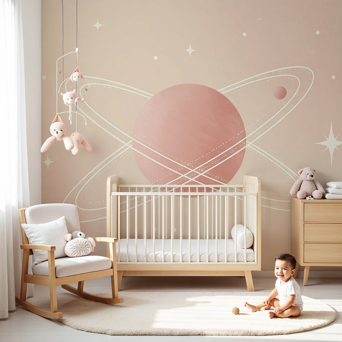 Papier peint chambre bébé | Univers céleste avec planètes et étoiles douces