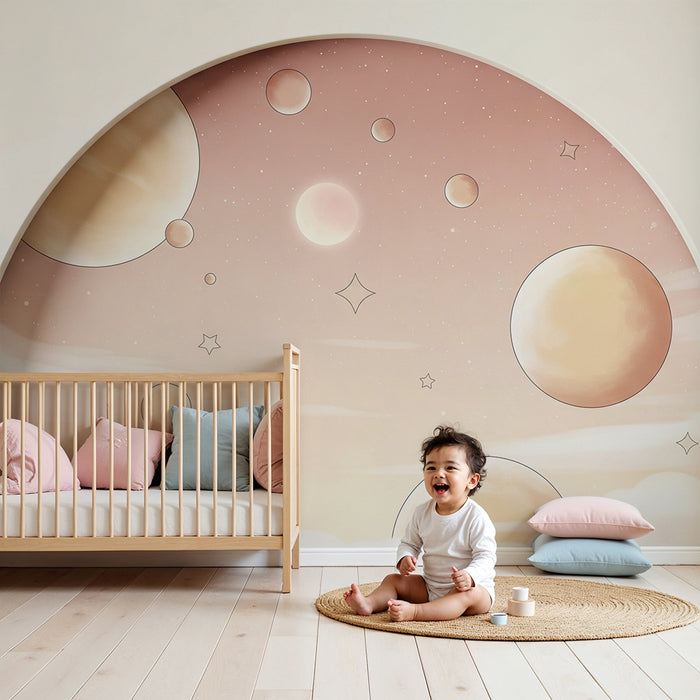 Papier peint chambre bébé | Univers céleste avec planètes et étoiles pastel