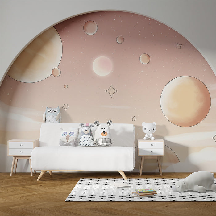 Papier peint chambre bébé | Univers céleste avec planètes et étoiles pastel