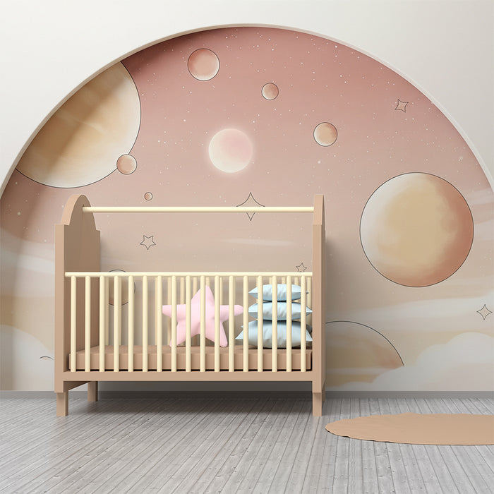 Papier peint chambre bébé | Univers céleste avec planètes et étoiles pastel