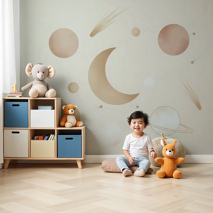Papier peint chambre bébé | Univers céleste avec planètes et lune douce