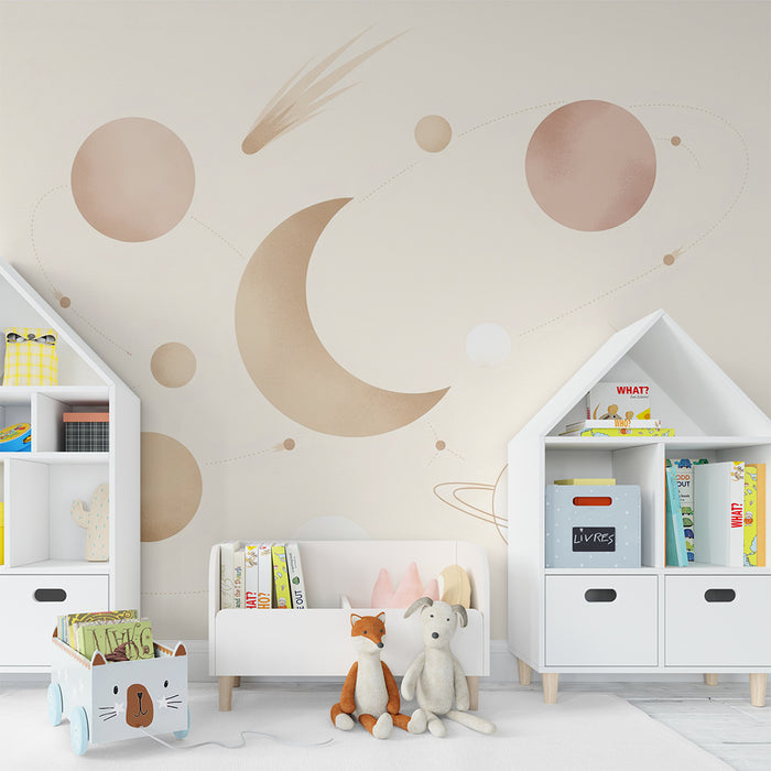 Papier peint chambre bébé | Univers céleste avec planètes et lune douce