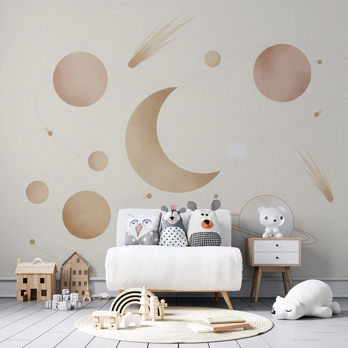 Papier peint chambre bébé | Univers céleste avec planètes et lune douce