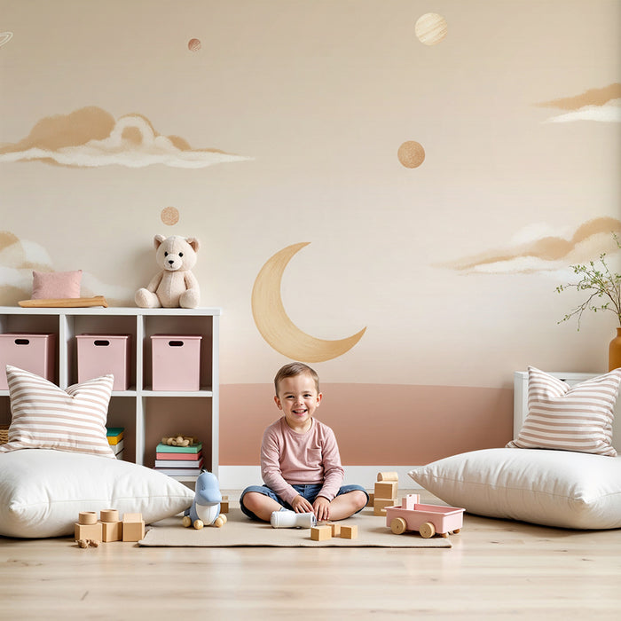 Papier peint chambre bébé | Univers céleste avec planètes et nuages doux