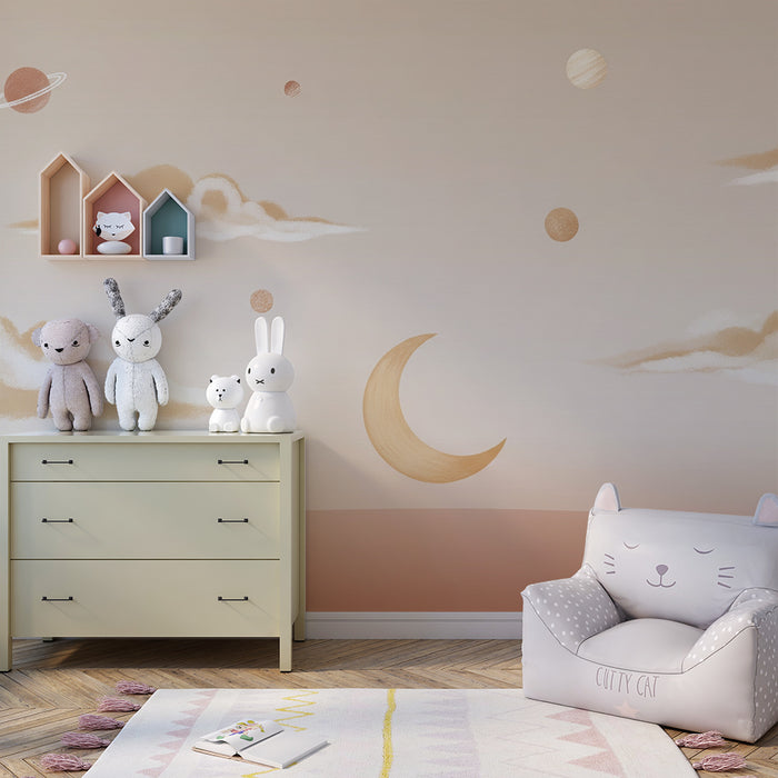 Papier peint chambre bébé | Univers céleste avec planètes et nuages doux