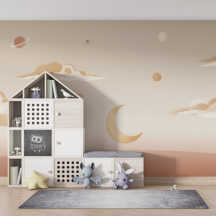 Papier peint chambre bébé | Univers céleste avec planètes et nuages doux