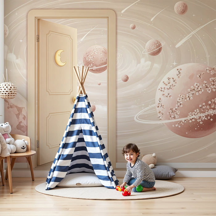 Papel de parede para quarto de bebé | Universo celeste com planetas rosa e estrelas cintilantes