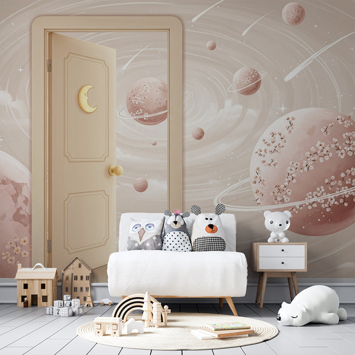 Papel de parede para quarto de bebé | Universo celeste com planetas rosa e estrelas cintilantes