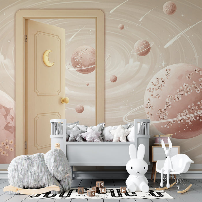 Papel de parede para quarto de bebé | Universo celeste com planetas rosa e estrelas cintilantes