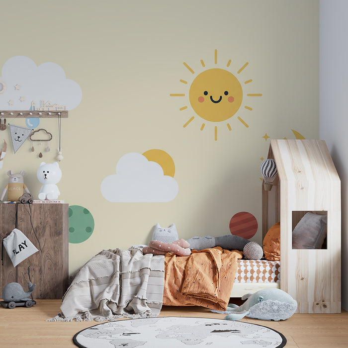 Papel de parede quarto bebê | Universo celestial com sol, lua e planetas coloridos