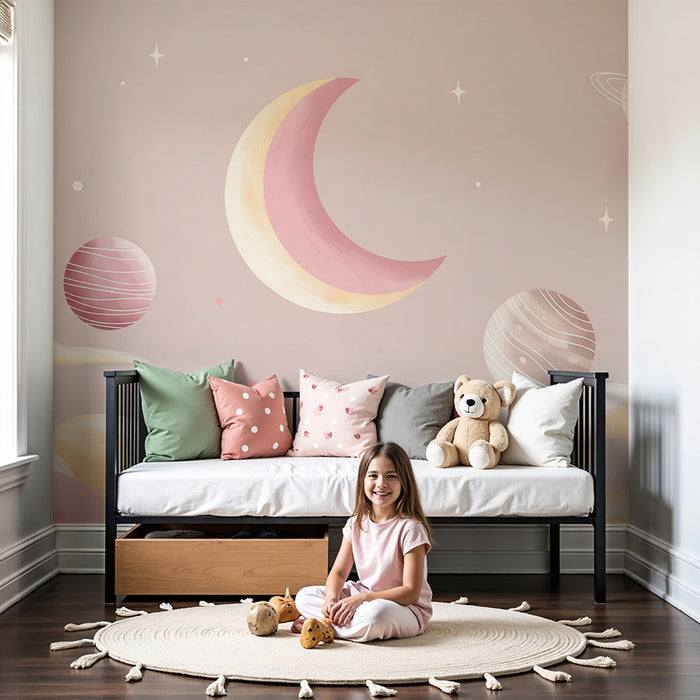 Baby room wallpaper | Celestial theme with a moon and pastel planets