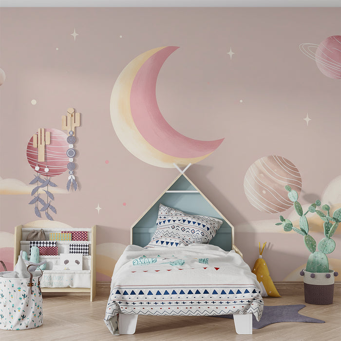 Baby room wallpaper | Celestial theme with a moon and pastel planets