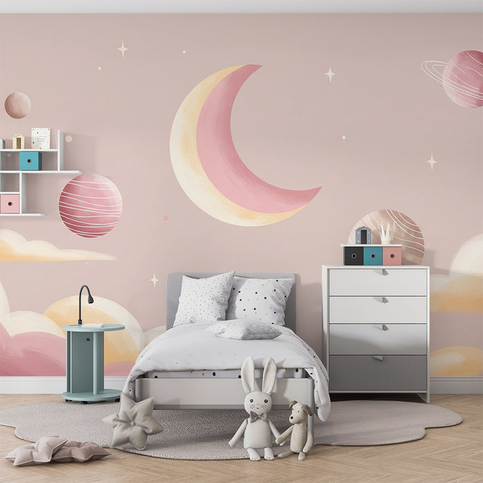 Baby room wallpaper | Celestial theme with a moon and pastel planets