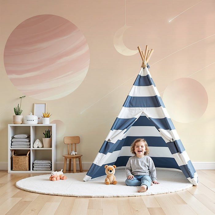 Papier peint chambre bébé | Univers céleste doux avec planètes et étoiles filantes