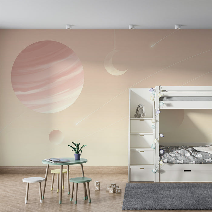 Papier peint chambre bébé | Univers céleste doux avec planètes et étoiles filantes