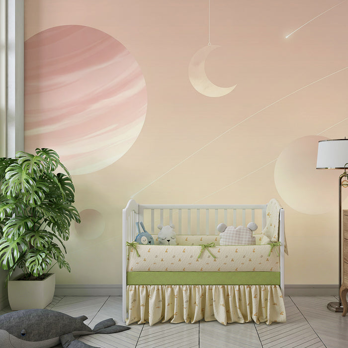 Papier peint chambre bébé | Univers céleste doux avec planètes et étoiles filantes