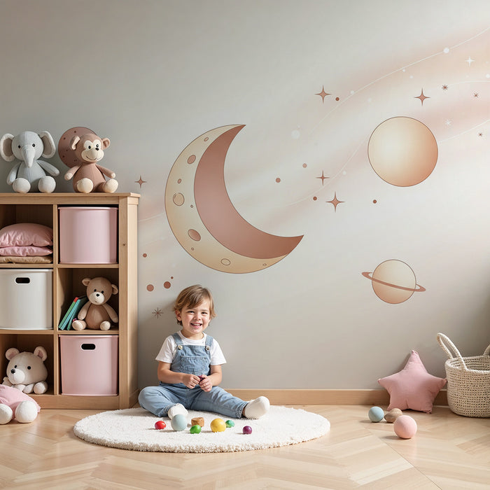 Papier peint chambre bébé | Univers céleste doux avec planètes et lune