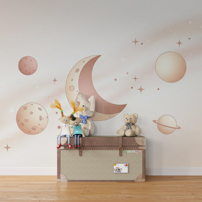 Papier peint chambre bébé | Univers céleste doux avec planètes et lune
