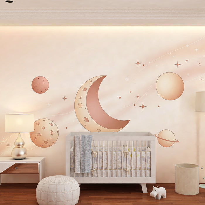 Papier peint chambre bébé | Univers céleste doux avec planètes et lune
