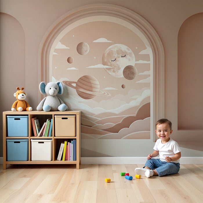 Papier peint chambre bébé | Univers céleste doux avec planètes et nuages