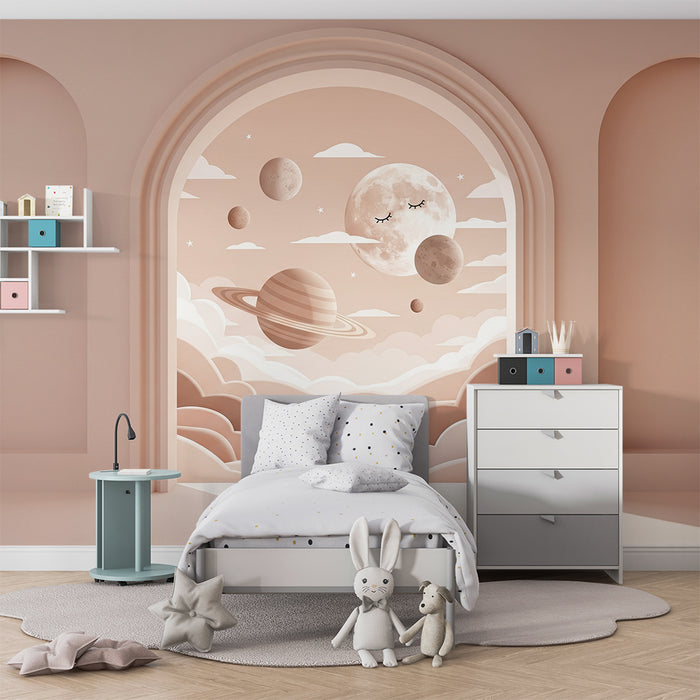 Papier peint chambre bébé | Univers céleste doux avec planètes et nuages