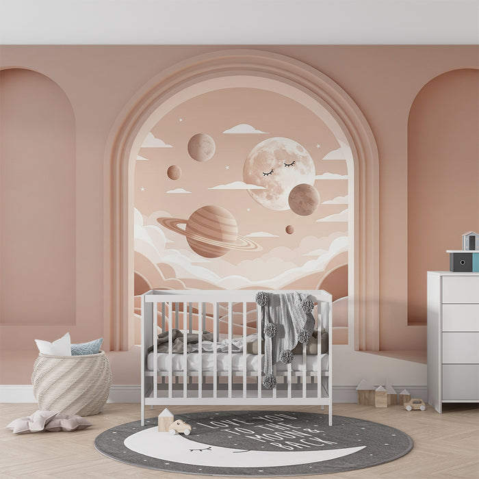 Papier peint chambre bébé | Univers céleste doux avec planètes et nuages