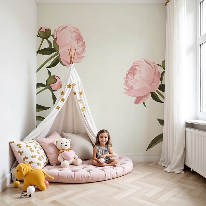 Babyzimmer Tapete | Zarte Pfingstrosen auf hellem, sanftem Grund