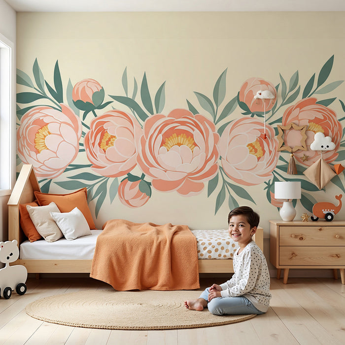 Papier peint chambre bébé | Univers de pivoines délicates sur fond doux et tendre