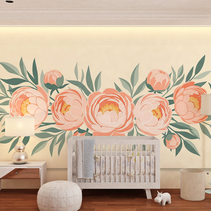 Papier peint chambre bébé | Univers de pivoines délicates sur fond doux et tendre