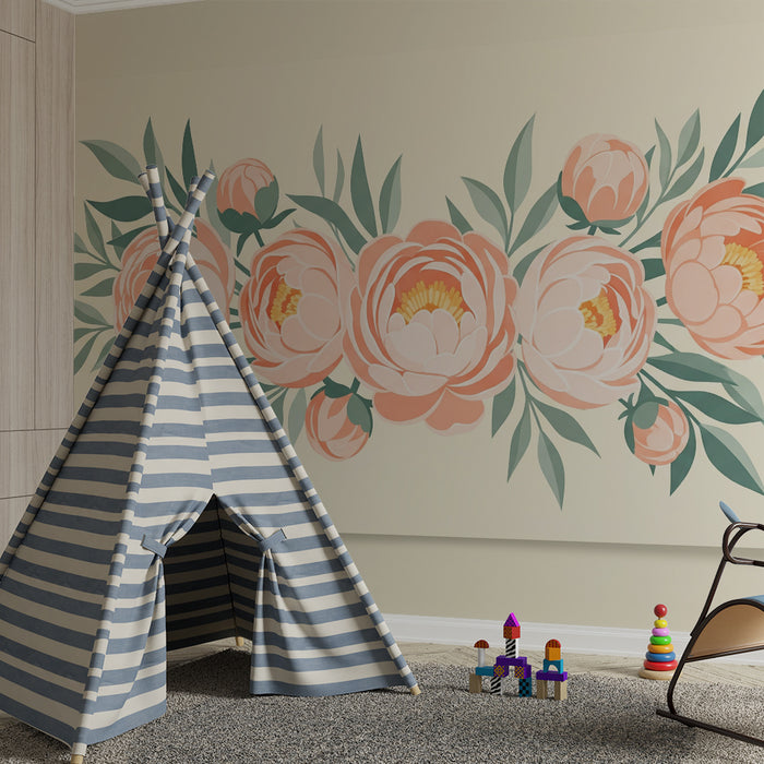 Papier peint chambre bébé | Univers de pivoines délicates sur fond doux et tendre