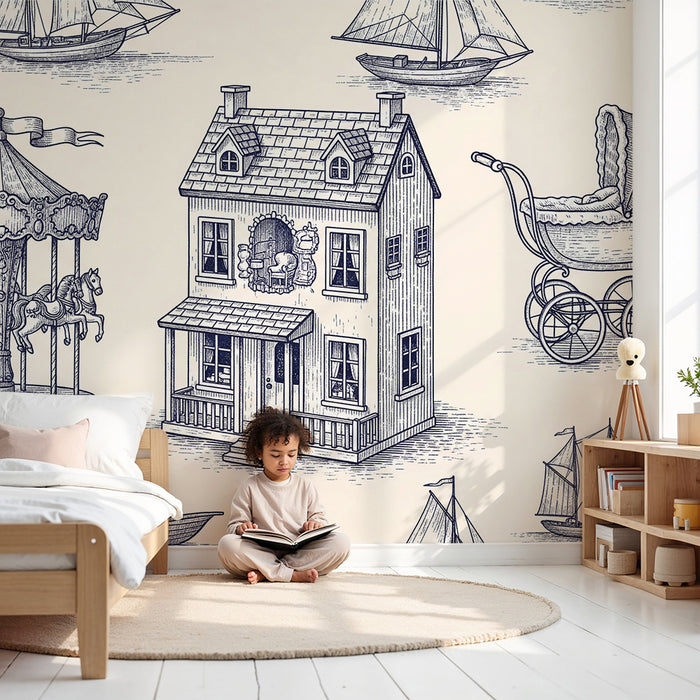 Baby nursery wallpaper | Enchanting world with carousel, house, and boats