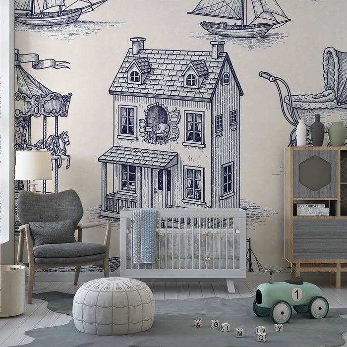 Baby nursery wallpaper | Enchanting world with carousel, house, and boats