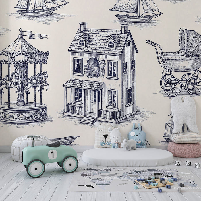 Baby nursery wallpaper | Enchanting world with carousel, house, and boats