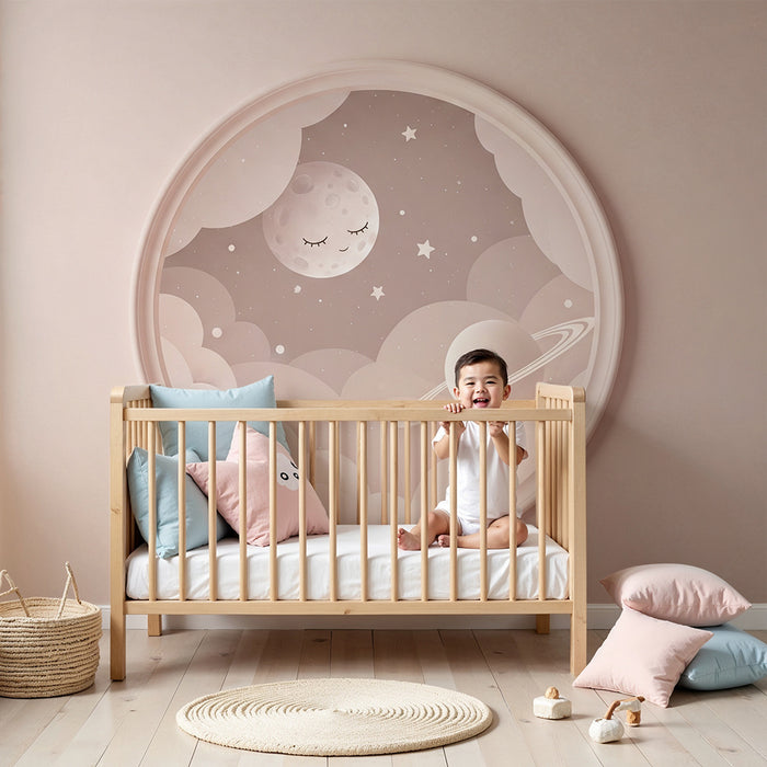 Papier peint chambre bébé | Univers étoilé avec lune et planète