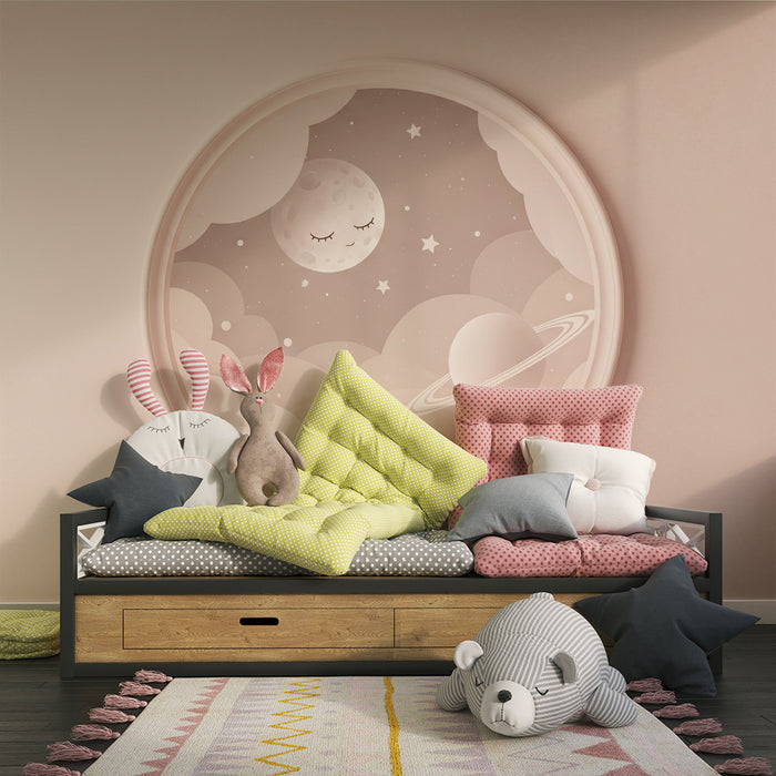 Papier peint chambre bébé | Univers étoilé avec lune et planète