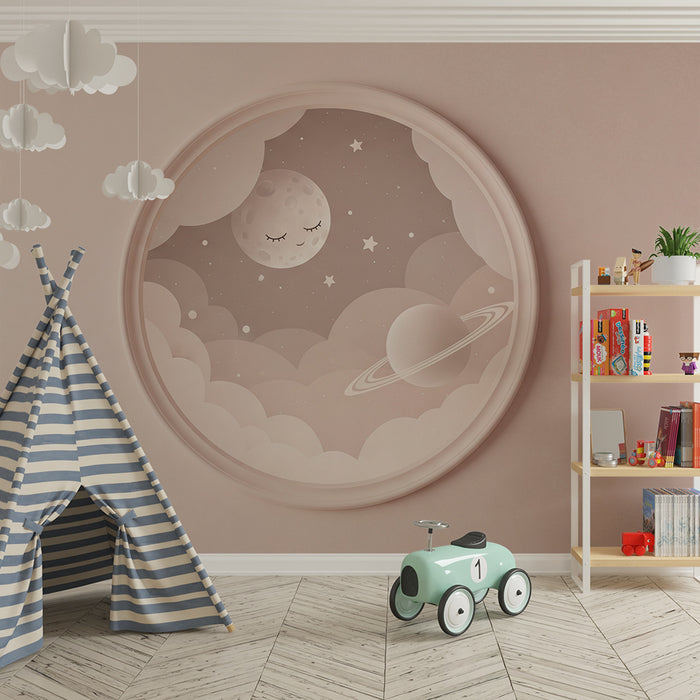 Papier peint chambre bébé | Univers étoilé avec lune et planète