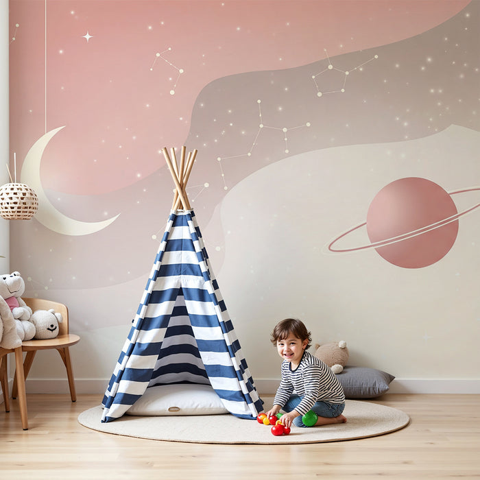 Papier peint chambre bébé | Univers étoilé avec lune et planète rose