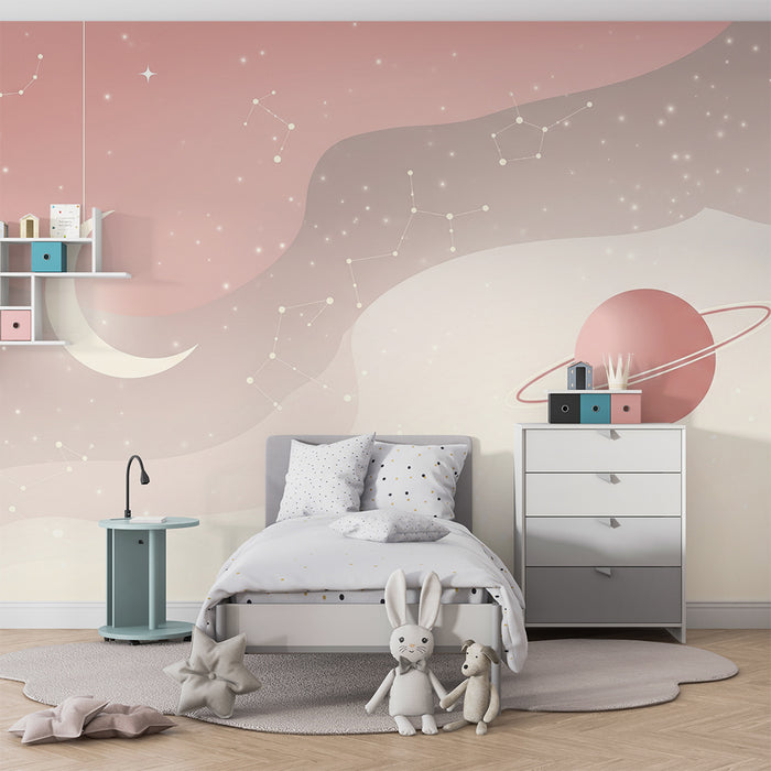 Papier peint chambre bébé | Univers étoilé avec lune et planète rose