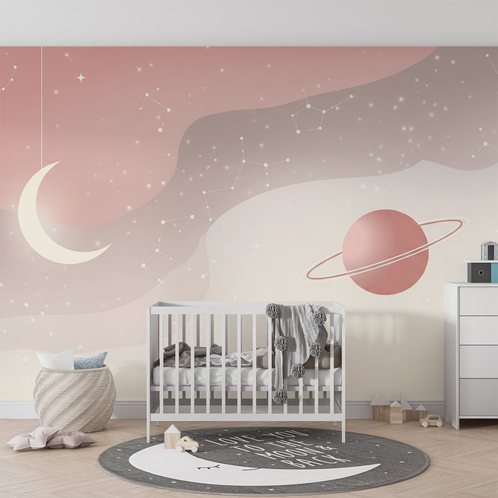 Papier peint chambre bébé | Univers étoilé avec lune et planète rose