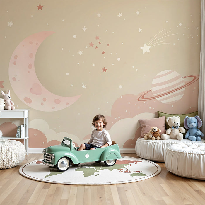 Papier peint chambre bébé | Univers étoilé avec lune et planètes pastel