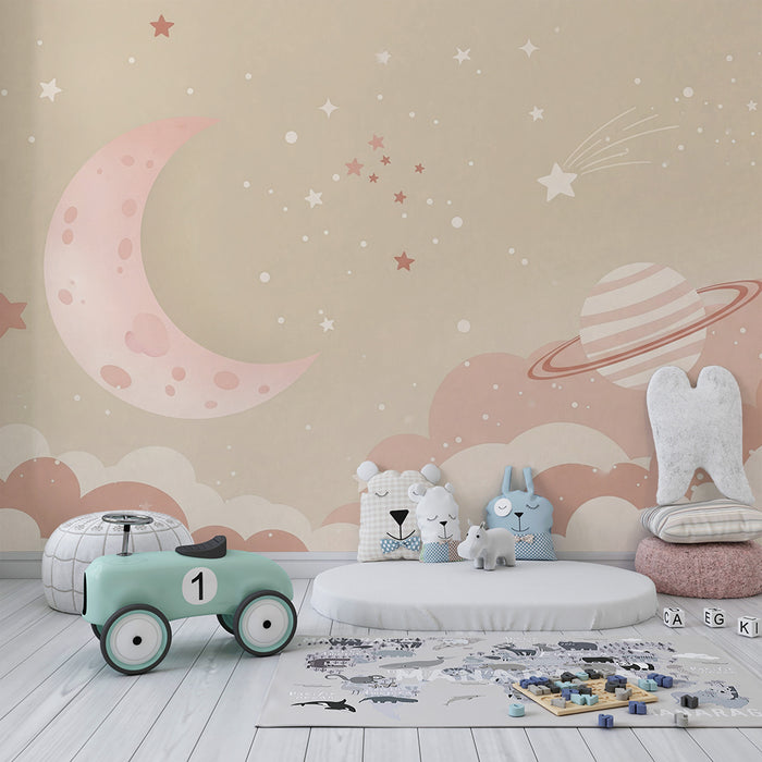 Papier peint chambre bébé | Univers étoilé avec lune et planètes pastel