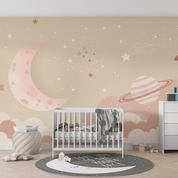 Papier peint chambre bébé | Univers étoilé avec lune et planètes pastel