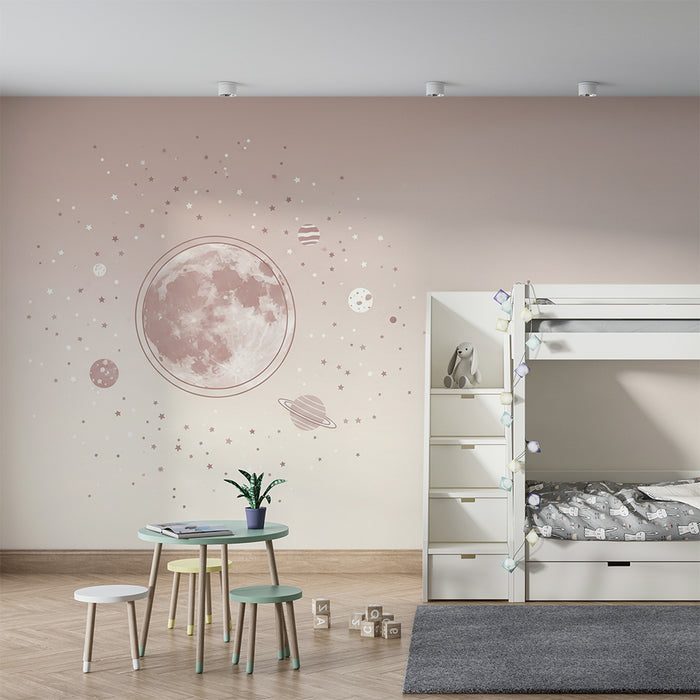 Papel de parede para quarto de bebé | Universo estrelado com lua e planetas pastel